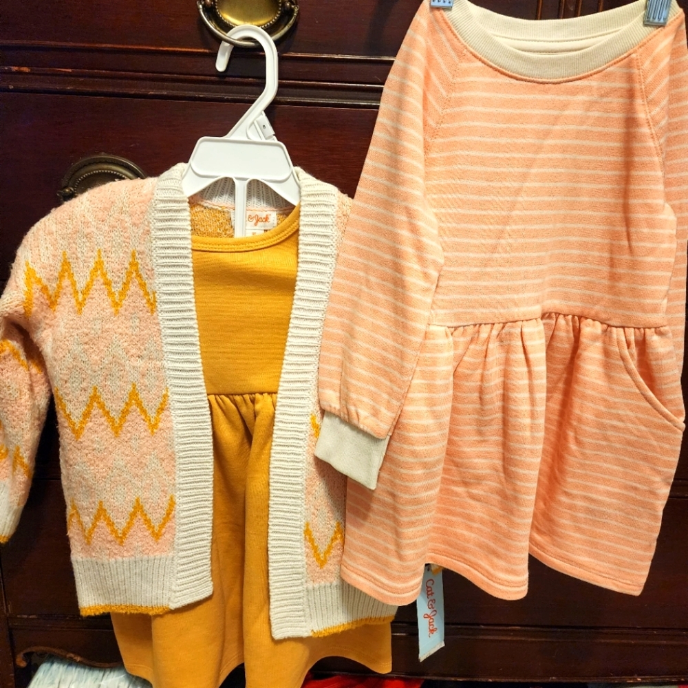 NWT mustard dress, striped dress & cardigan sweater bundle